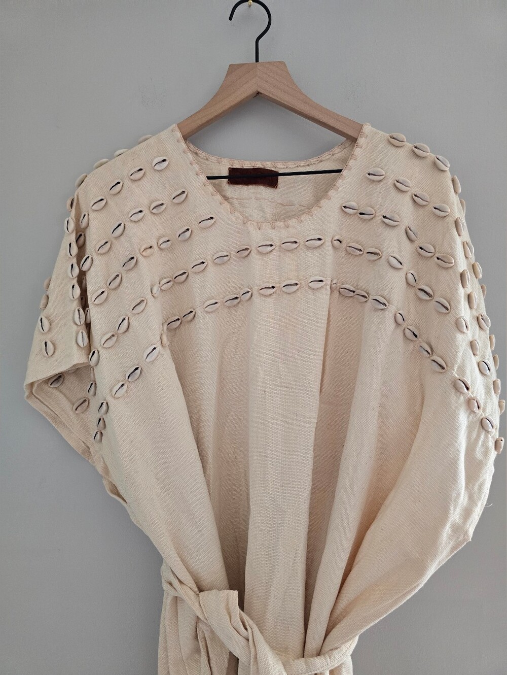 House of CUCA Natural Raw Cotton Cowrie Shell Belted Kaftan Dress